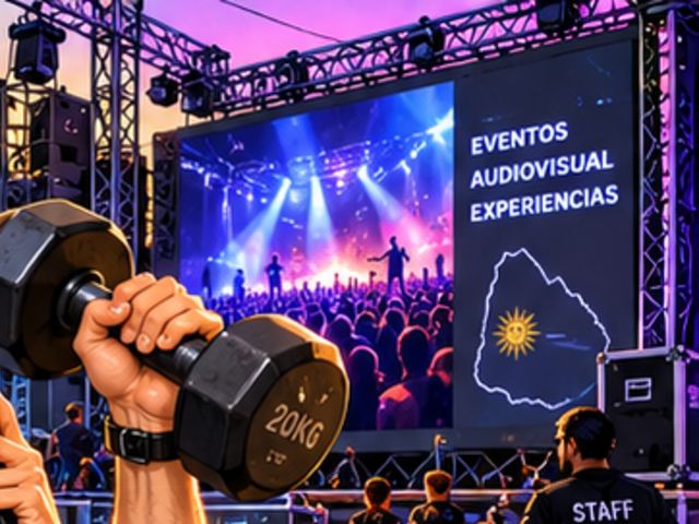 Escenario con pantalla LED gigante, público y staff de producción.