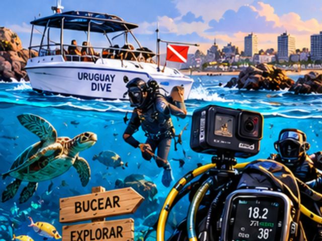 Buzos bajo el agua junto a una tortuga y un barco de buceo en la superficie.