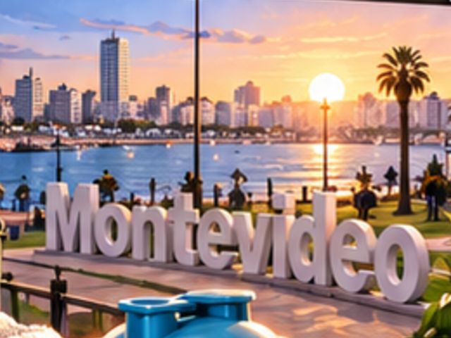 Letras de Montevideo en la rambla al atardecer, con palmeras y edificios de fondo.