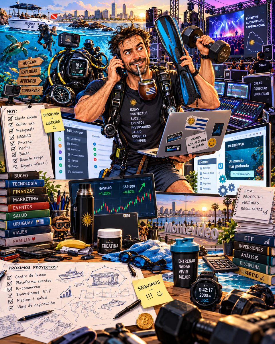 Ilustración de un hombre rodeado de todo lo que hace: equipo de buceo, una aleta y una pesa en las manos, el teléfono al oído, una laptop, pantallas de un escenario, gráficos de bolsa, libros y una lista de pendientes, con Montevideo de fondo.